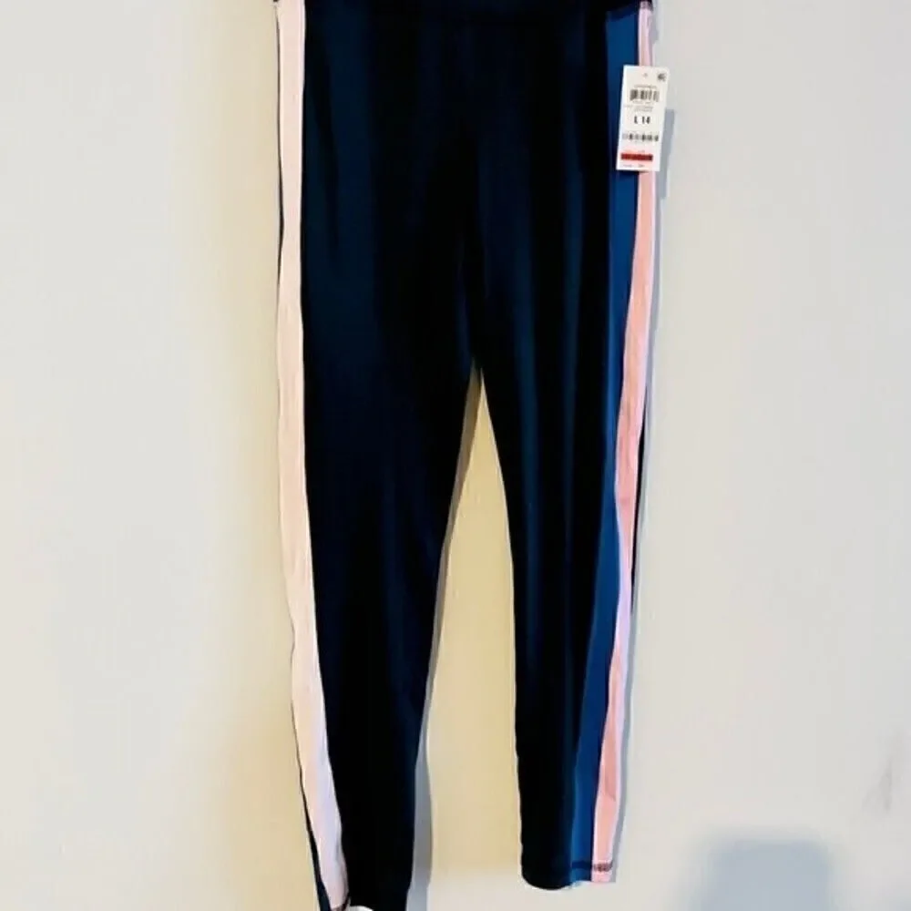 NWT ID Ideology Big Girls Striped Snap Track Pants, leggings Deep Black size 16